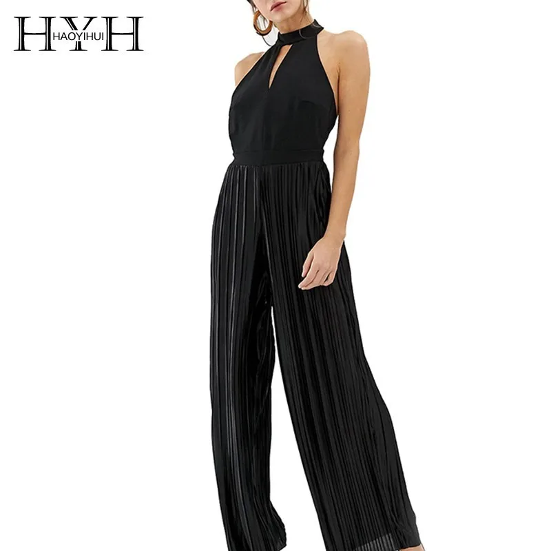 

HYH Haoyihui 2019 Simplicity sexy Backless Press fold Button type halter black Broad leg Long section summer female Jumpsuits