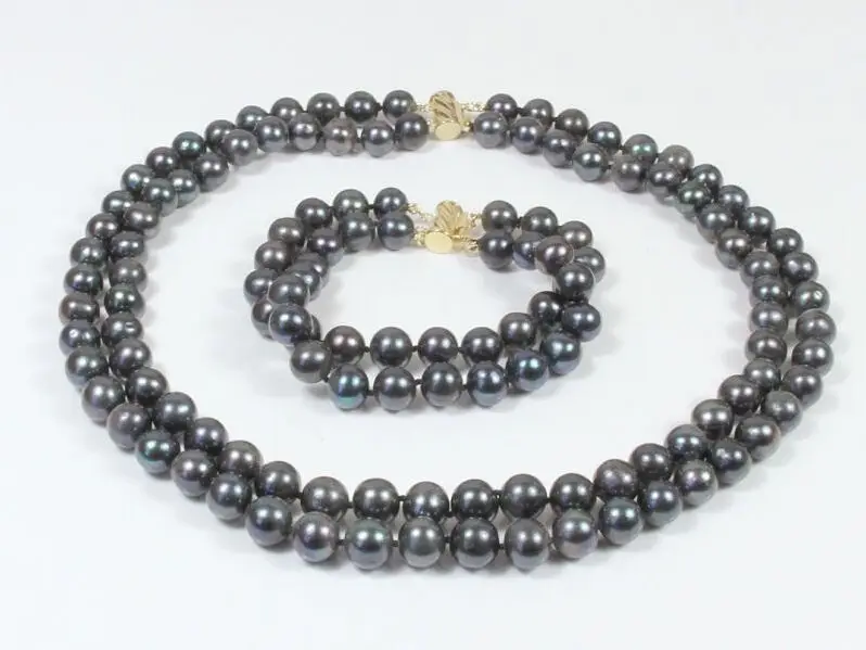 

Hot New 7-8mm Black Natural Fresh water pearl necklace 17-18'' Bracelet 7.5''