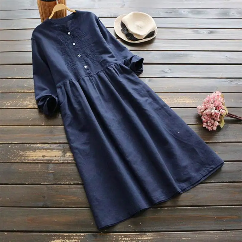 2022 Autumn Embroidery Long Shirt Dress ZANZEA Vintage Casual Cotton Linen Vestidos Women Long Sleeve Sundress Kaftan blazer dress