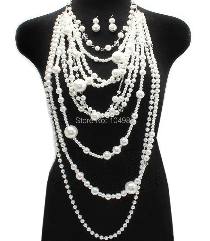 

FREE SHIPPING NEW STYLE P25 WOMEN FASHION WHITE IMITATION PEARLS CHAINS JEWELRY MULTI-LAYERS BEADS EARRINGS JEWELRY 2 COLORS
