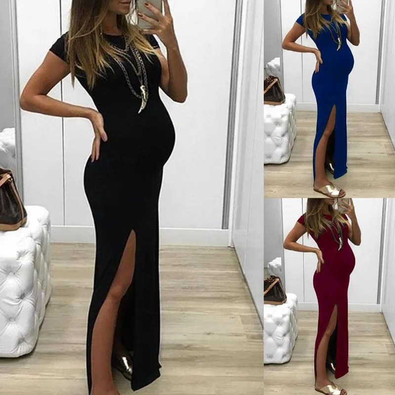 

Pregnancy Women Dress Solid Tight-fitting Long Pregnant Dresses Short Sleeve Open Fork Maternity Dress Maternity Dresses