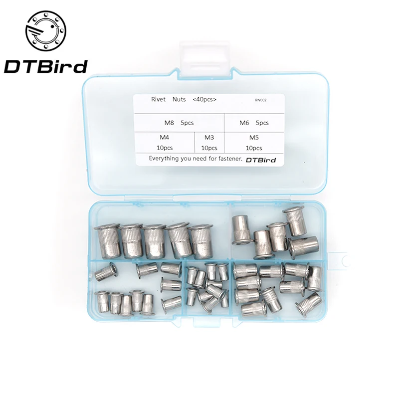 

40Pcs/Box M3 M4 M5 M6 M8 304 Stainless Steel Rivnut Flat Head Threaded Rivet Insert Nutsert Cap Rivet Nut Assortment Kit RN002