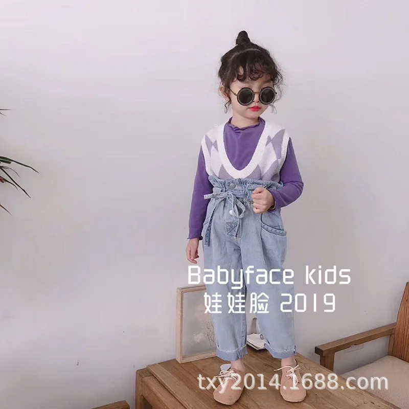 

2019 children's clothing girls long-sleeved cotton bottoming comfortable hit color plaid vest vest two suits