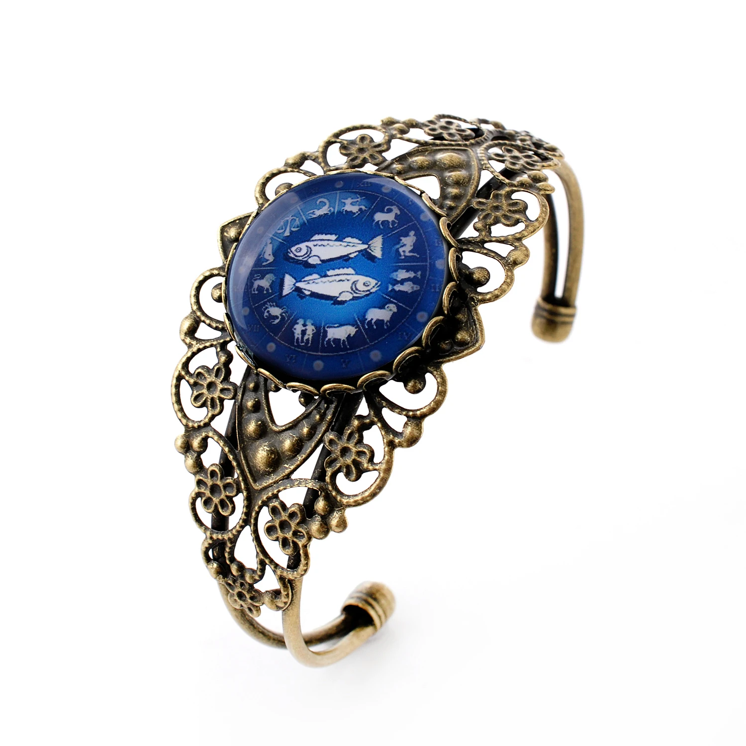 

lureme Vintage Jewelry Time Gem The Zodiac Series Aquarius Pisces Bronze Open Bangle Bracelet for Women (bl003018)