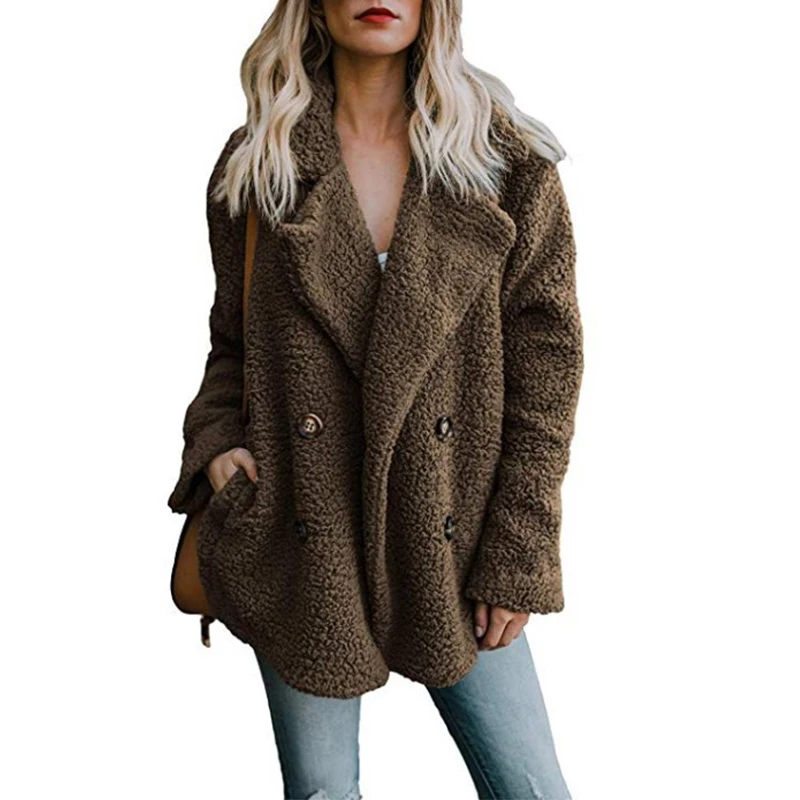 

2018 Autumn Women Fashion Streetwear Office Lady Causal Korean Fleece Solid Lapel Pocket Jacket Coat Girls Women Thick Overcoat