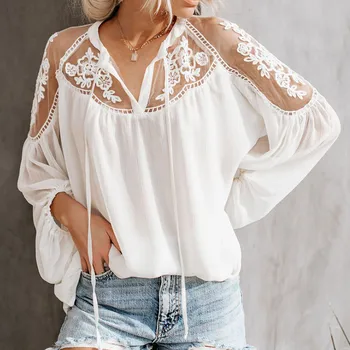 

White Chiffon Lace Mesh Women's Blouse Black Lantern Sleeve Transparent Female Bohemia Tops 2020 Summer Casual Ladies Blouses