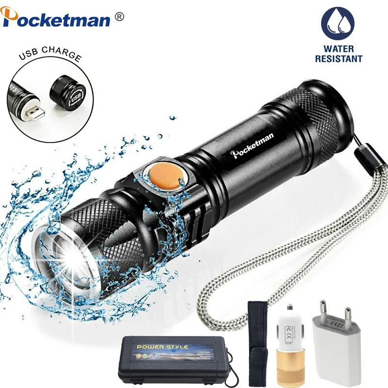 

4000LM USB Inside Battery T6 Powerful Led Flashlight Portable Light Rechargeable Tactical LED Torches Zoom Flashlight