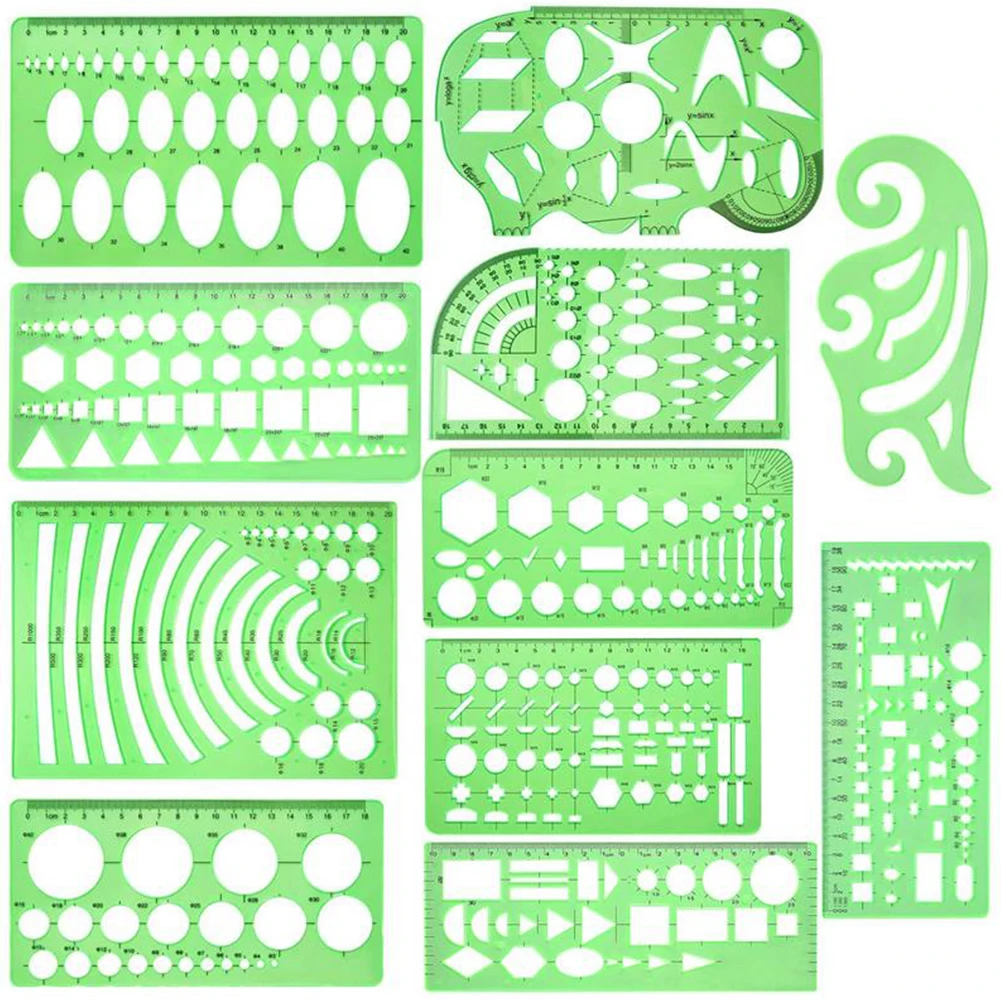 

11 Pcs Practical Math Office School Learn Student Wide Usage Geometry Stencils Set Measuring Multifunction Drawings Templates