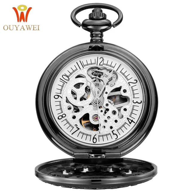 

NEW Arrival Pocket Watch OUYAWEI Men's Fashion Mechanical Skeleton Clock Hand Wind Black Stainless Steel Case White Dial 2019