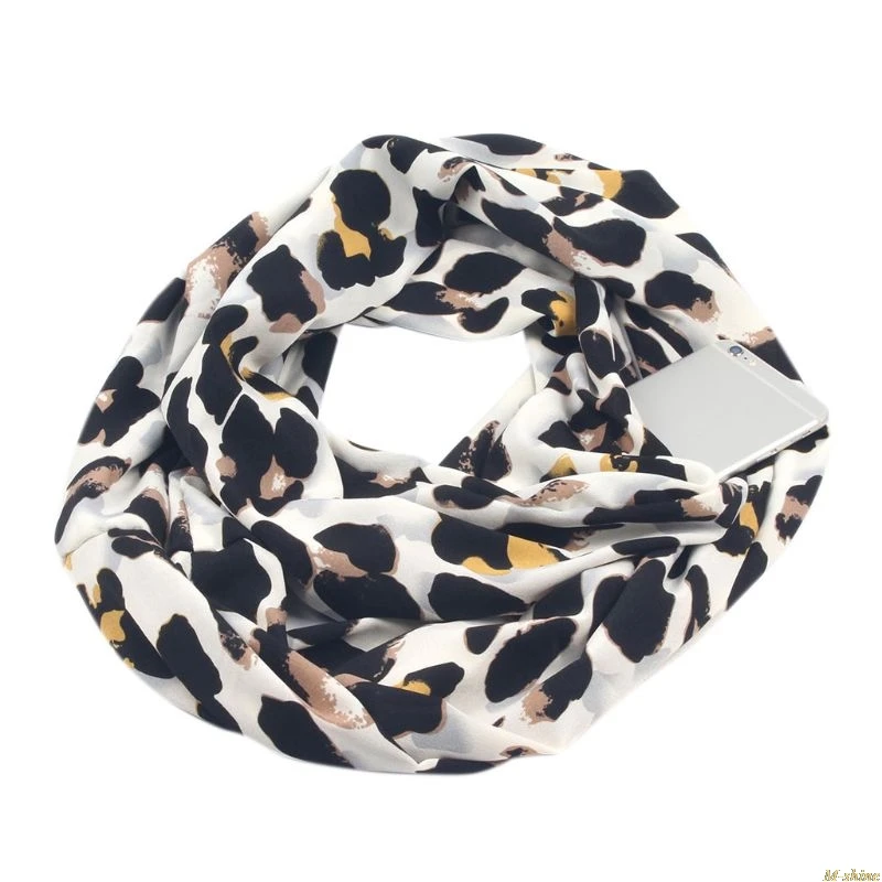 Женская Двойной Слои Secret потайной карман с молнией бесконечный петлевой шарф смешивания с цветами и листьями с леопардовым принтом Зима
