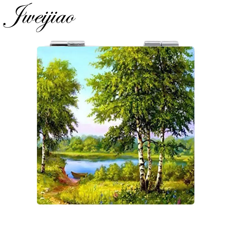 JWEIJIAO красивые пейзажи деревья фото печать макияж зеркало мини складной квадрат 1X/2X увеличительное PU карманное зеркало в кожаной оправе для девочек - Цвет: E512