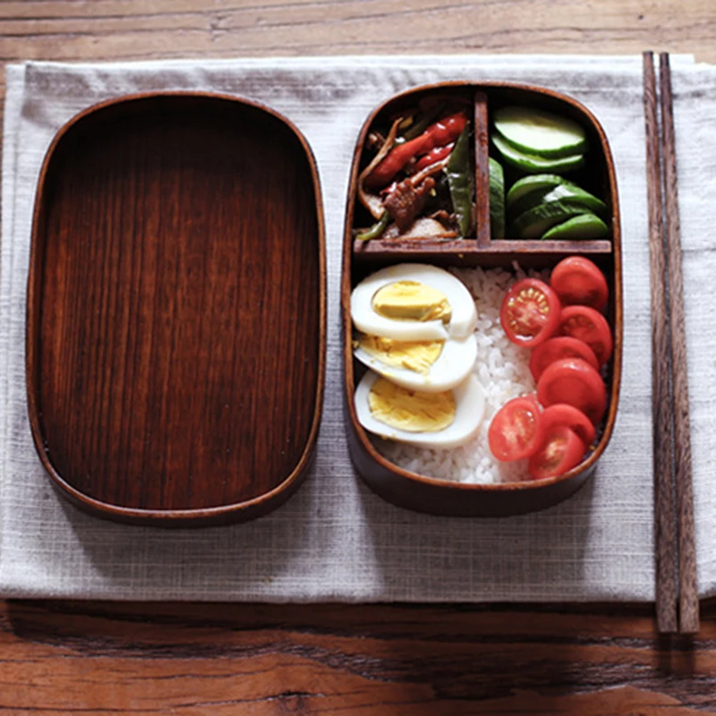

Japanese Style Bento Boxes 1 Layer 3 Grids Wood Lunch Box Portable Picnic Kids Students Food Container Kitchen Accessories