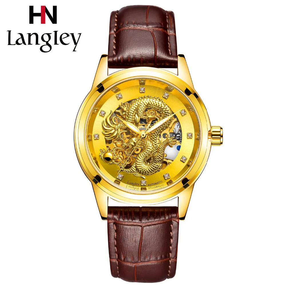 

LANGLEY Men's Watch Brand Genuine Leather Mechaincal Watch Self-wind Automatic Wristwatch Skeleton Waterproof Relogio Masculino
