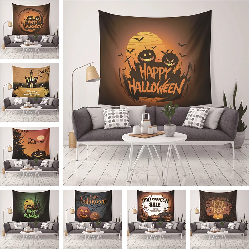 

Trick Of Halloween Party Tapestry Wall Hanging For Home Decor Castle Bat Pumpkin Printed Wall Tapestry Carpet Holiday Gifts