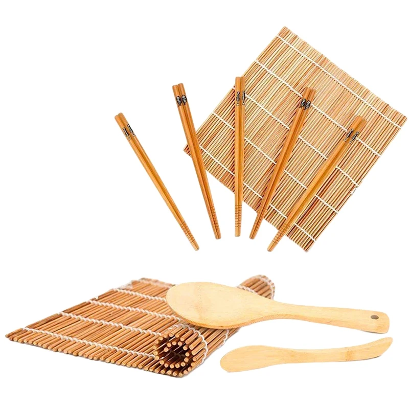 Best Sushi Making Kit, Bamboo Sushi Mat, Including 2 Sushi Rolling Mats, 5 Pairs Of Chopsticks, 1 Paddle, 1 Spreader, Roll On, Begi