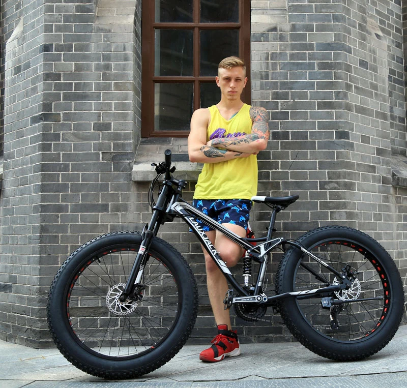 

LAUXJACK Mountain bike steel frame double-sided system 24 speed Shimano disc mechanical brakes 26 "x4.0 wheels extended fork FAT