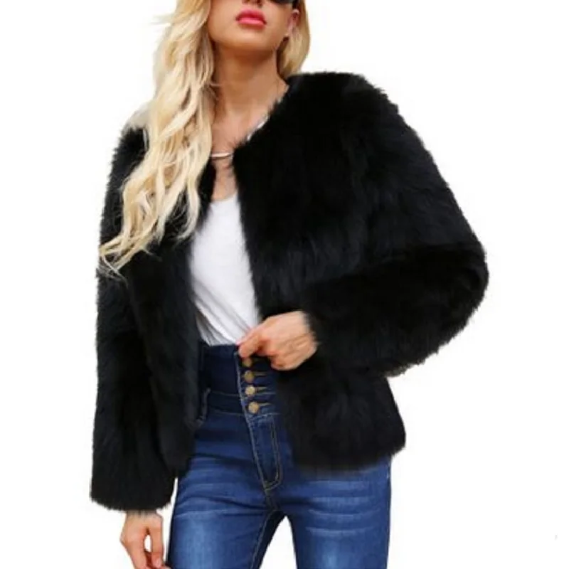 

Fashion Women's Faux Fur Coat Long Sleeve Casual O-Neck Outwear Winter Autumn Hairy Overcoats Thick Warm Fur Manteau Solid Black