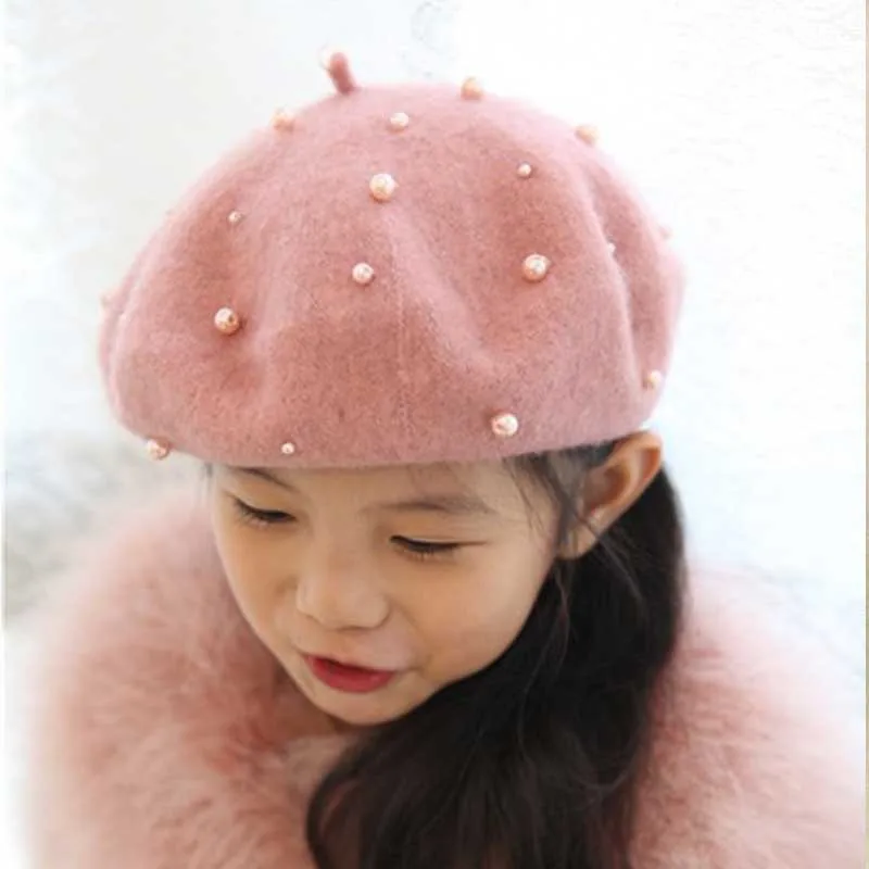 Sale Solid Baby Girls Boinas Boina Feminina Hipster Joker Pearl Wool Felt Beret Multicolor Painter Hat for Children