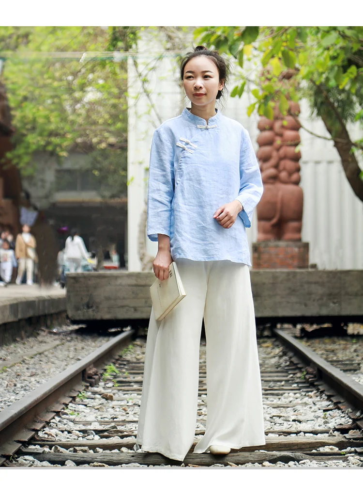 Women's Linen Chinese Style 34 Sleeve Blouse Qipao Top Shirt  (16)