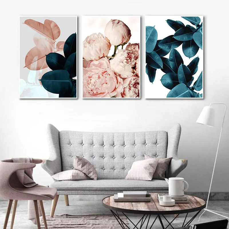 

Modern abstract wall art painting Pink Flowers green plants poster print canvas painting wall pictures for living room decor
