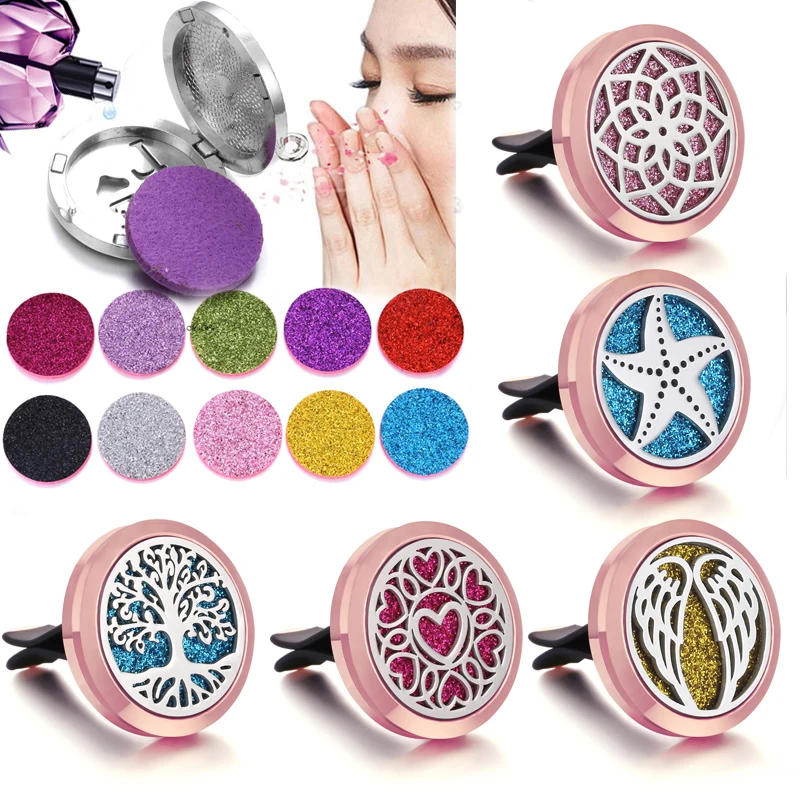 

2019 New Aromatherapy Car Diffuser Locket Rose Gold 30mm Stainless Steel Car Air Freshener Essential Oil Car Diffuser Vent Clip