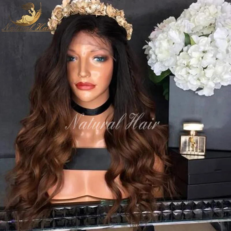 8A Wavy Ombre Human Hair Wigs Blonde Two Tone Deep Wave Full Lace Wigs