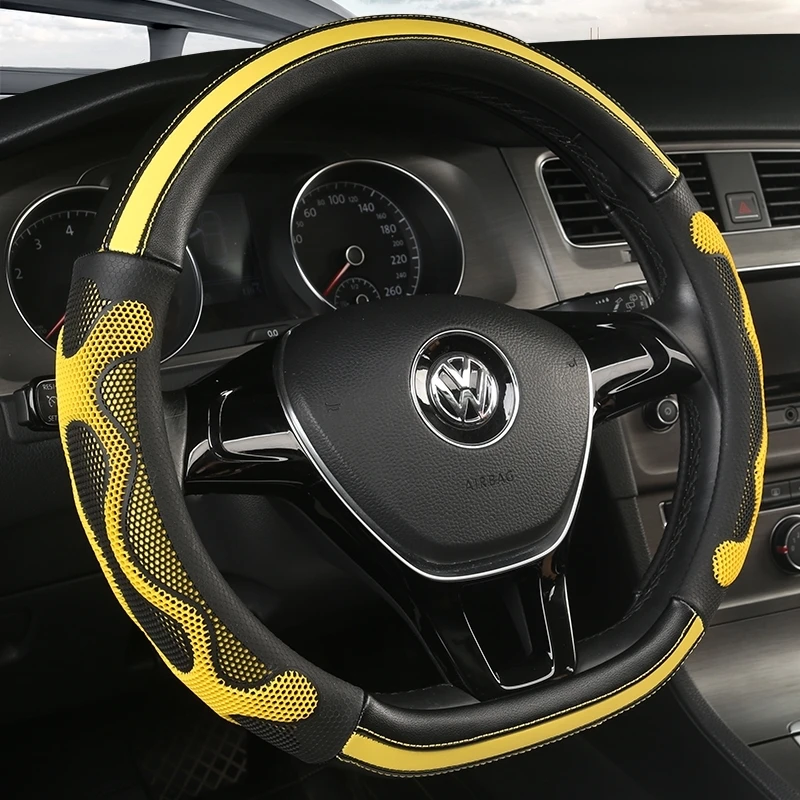 KKYSYELVA D Shape Leather Car Steering Wheel Cover Four Seasons Steering Wheel Hubs ForInterior Accessories