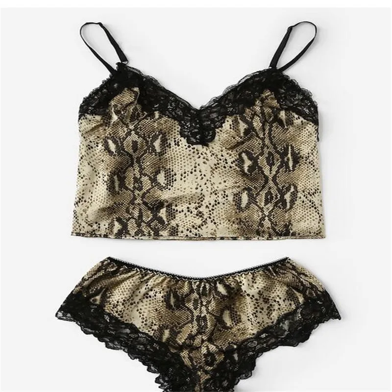 

Women Sexy Snakeskin Print Lingerie set strappy v neck lace Crochet Camis Top and Panties Underwear set Nightwear Pajamas Set