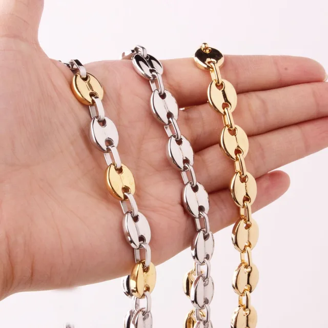 7/9/11mm 7-40" High Quality Mens Womens 316L Stainless Steel Silver Gold Color Coffee Bean Beads Chain Necklace or Bracelet 1