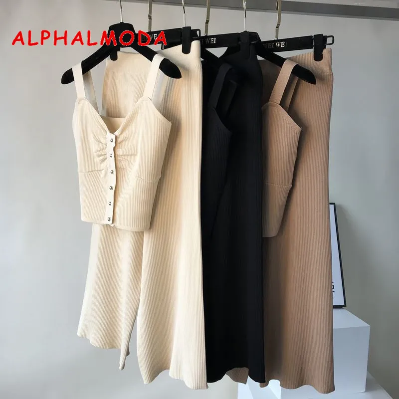 

ALPHALMODA Sleeveless Knitted Vest + Knitted Wide-legged Pant Women Summer 2pcs Casual Set Single Breasted Outfit Trousers Suits