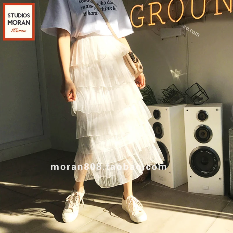 

Elastic Waist Mesh Tulle Skirt Layers Cake Ruffles Long Skirt Spring Princess Jupe Longue Falda Larga Gonne Gonna Saia