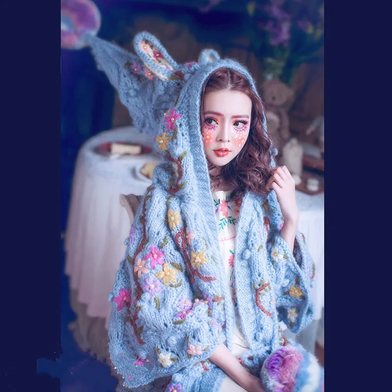 

2019 Cardigan Feminino Poncho Magic Doll, Spring, Virgin, Female, Blue, Heavy Hand Embroidery, Stick Needle, Loose Hat, Rabbit