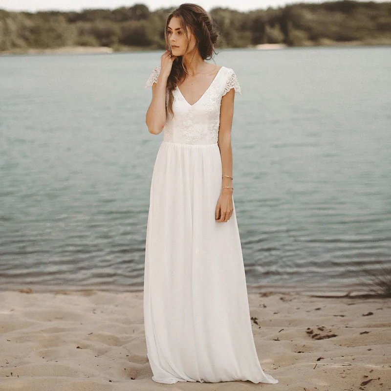 Eightale/пляжное свадебное платье,, v-образный вырез, открытая спина, кружево, трапециевидный шифоновый платок, рукав, бохо, свадебное платье невесты, платье