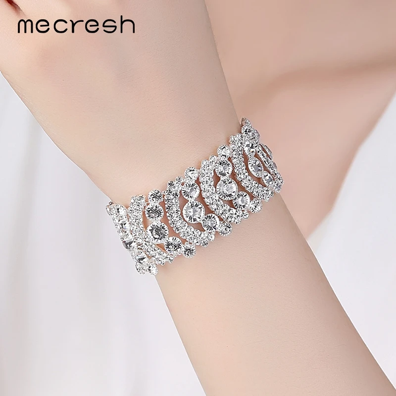 Mecresh, Европейская мода, хрустальные свадебные браслеты для женщин, серебряный цвет, геометрическое звено, вечерние браслеты, свадебные ювелирные изделия MSL340