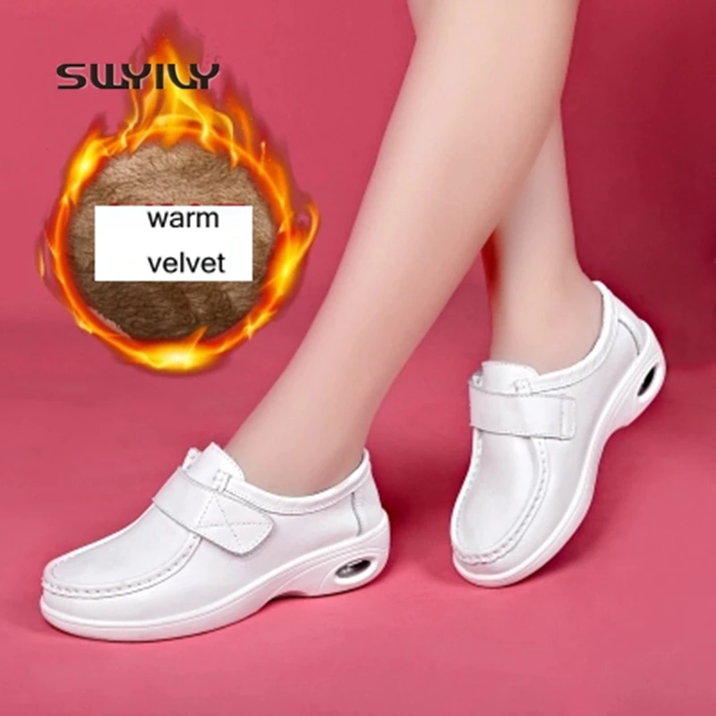 SWYIVY Sneakers Women White Nurse Shoes 2018 Winter Warm Shoes Plus Velvet Wedge Cushion Hook&Loop Female Slimming Swing Shoes