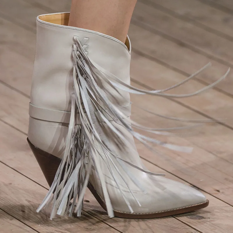 

Chaussures Femme Autumn Winter Tassel Ankle Cowboy Boots For Woman Fringe Spike Chunky heels Botines Mujer 2019 Motocycle Shoes