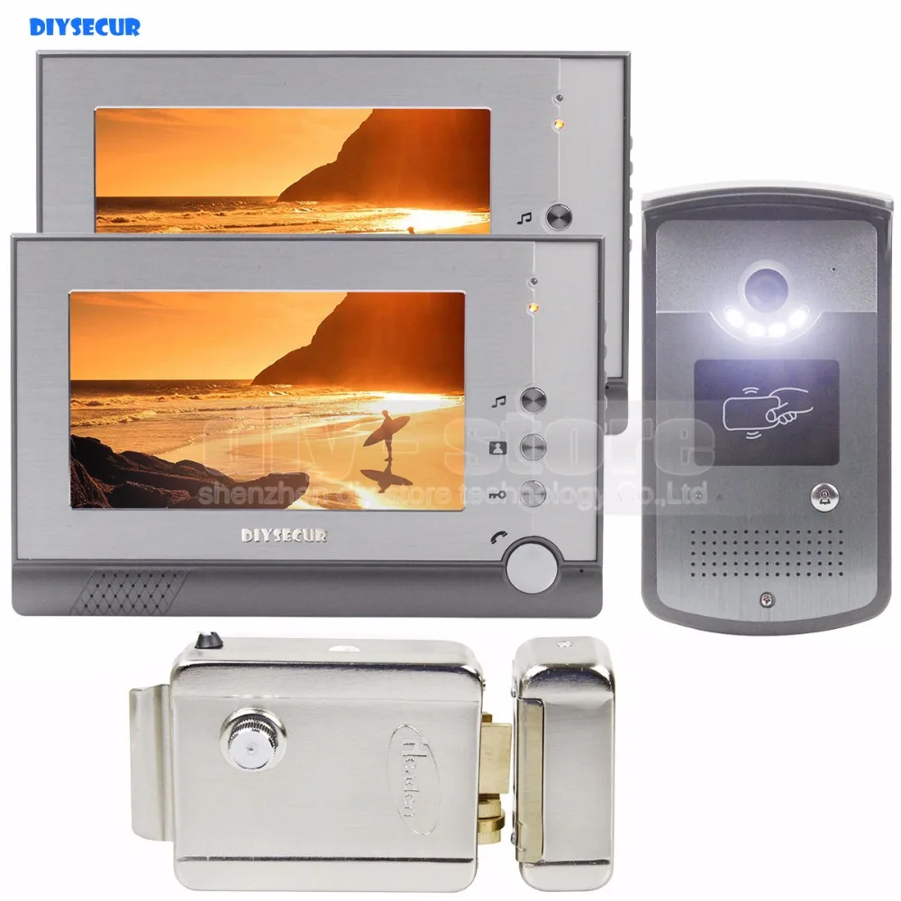 

DIYSECUR Electric Lock 7 inch LCD Display Video Door Phone Visual Intercom Doorbell RFID LED Night Vision 1 Camera 2 Monitor