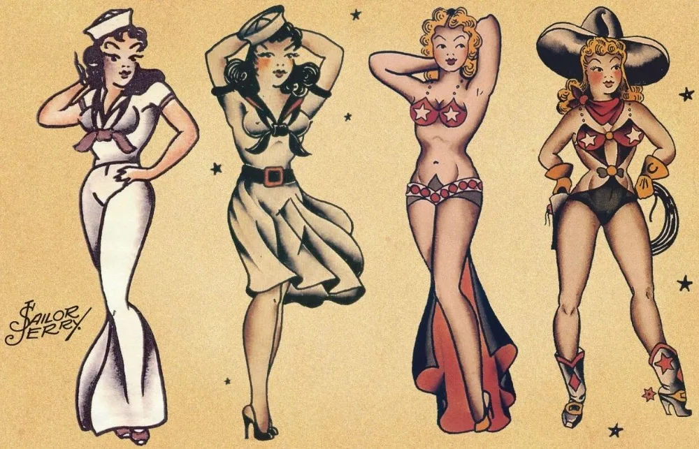 Sailor Jerry девушки тату ИСКУССТВО ШЕЛК плакат декоративной живописи 24x36