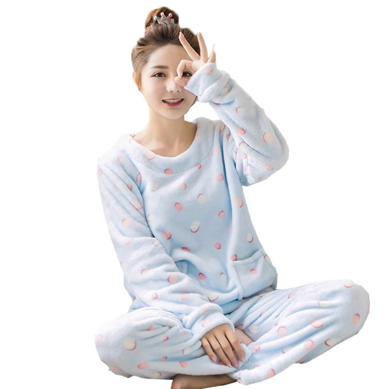 

Adults Autumn and Winter Women Pyjamas Sets Thick Warm pajamas Suit Flannel Long Sleeve Female Cartoon Animal Pants Sleepwear
