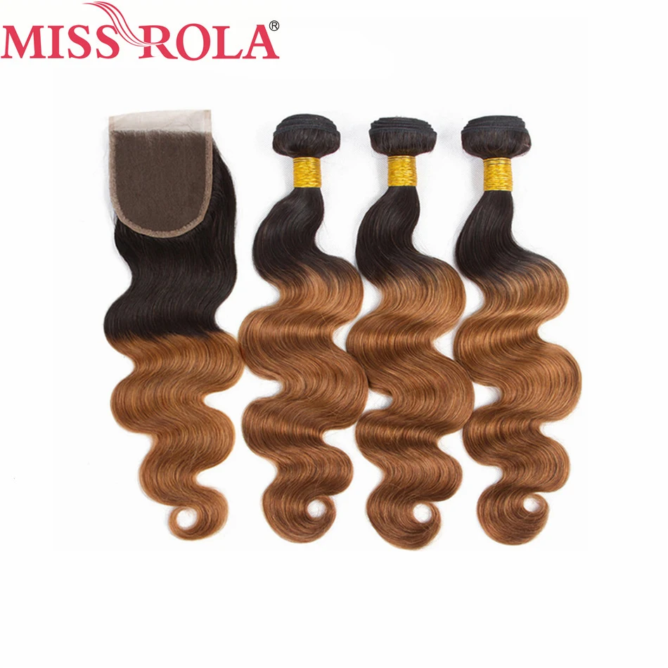 

Miss Rola Hair Pre-colord Mongolian Body Wave Hair Weaving 3 Bundles With Closure #T1B/30 Color Human Non-Remy Hair Extension