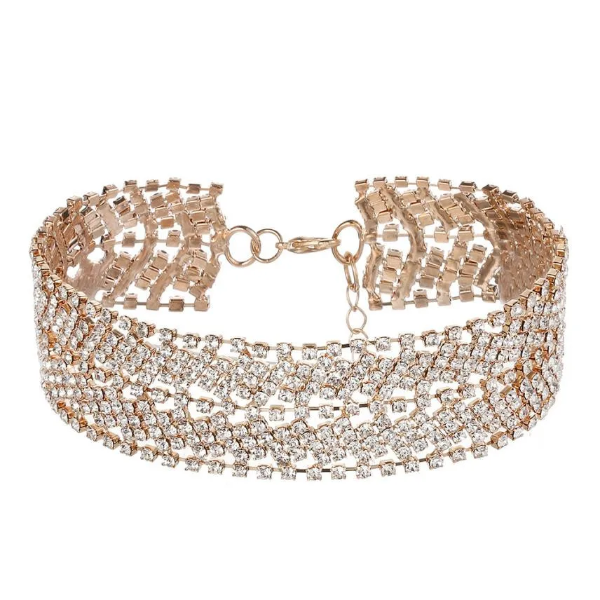 

Women Punk Style Alloy Crystal Rhinestone Golden Chain Necklace Choker Girl Wedding Pretty