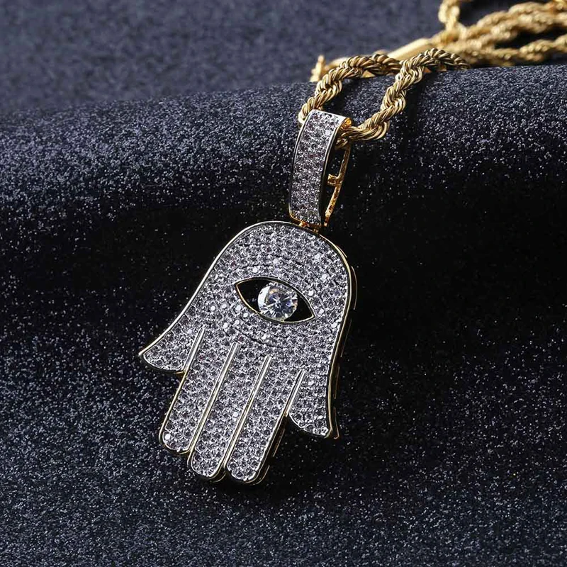 

Fashion Retro Fatima Hand Amulet Pendant Micro setting 3A Zircon HipHop Necklace