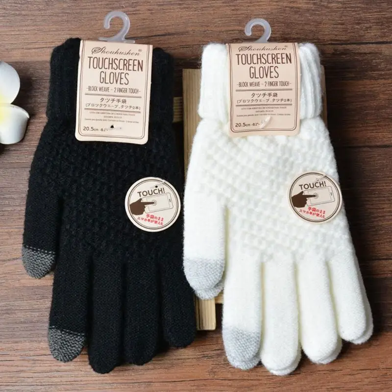 

Women Girls Winter Plaid Knitted Cuffed Full Fingered Gloves Magic Touch Screen Solid Color Stretchy Mittens Pashmina Wrist Warm