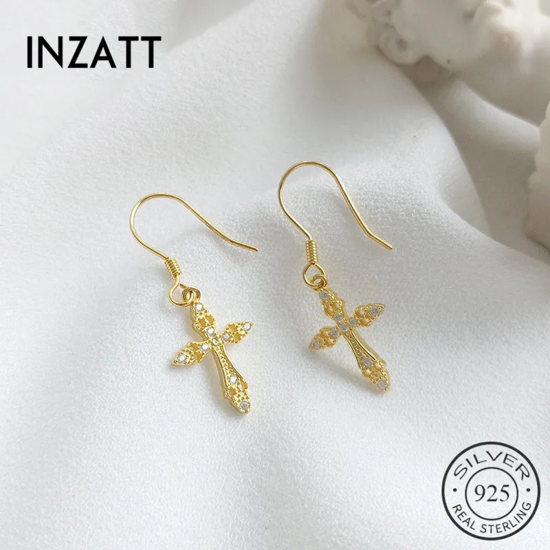 

INZATT Real 925 Sterling Silver Zircon Cross Dangle Drop Earrings For Elegant Women Party Classic Fine Jewelry Accessories Gift