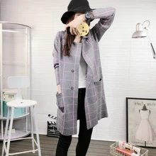 Women New Spring Autumn Winter Knitted Thick Medium Long Cardigan Pockets British Style Plaid Tartan Sweater Coat Wraps Overcoat