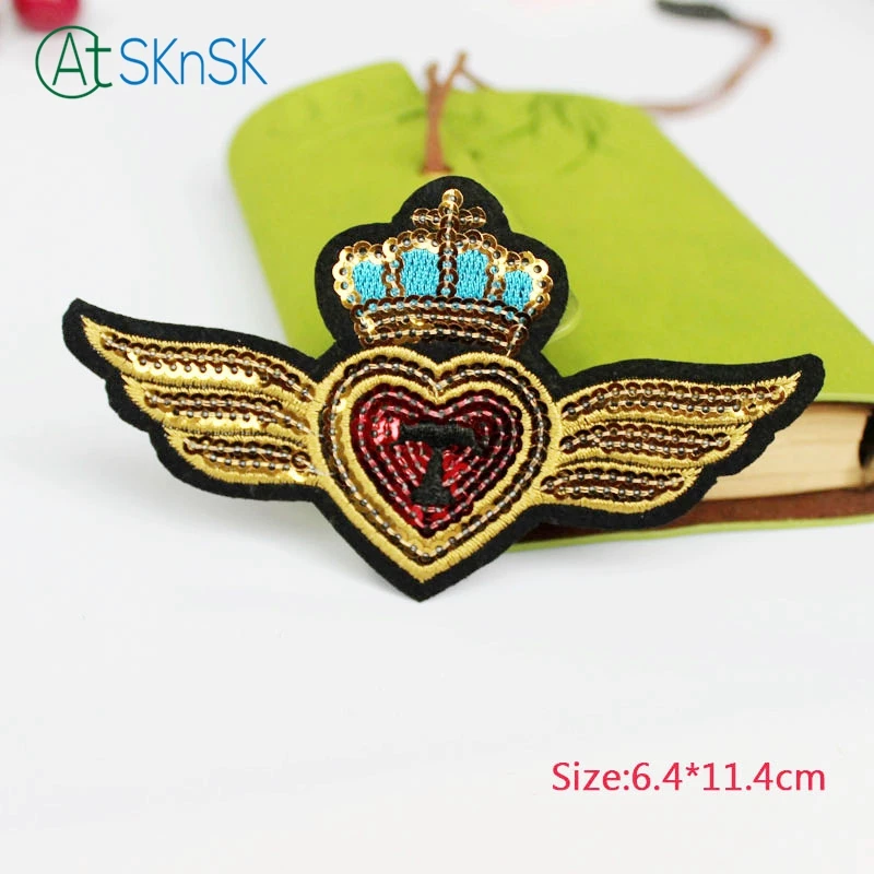 

2pcs/lot hot Sale crown heart wing patch DIY on cloth decoration label model iron sew on leather clothes jacket sequined patch