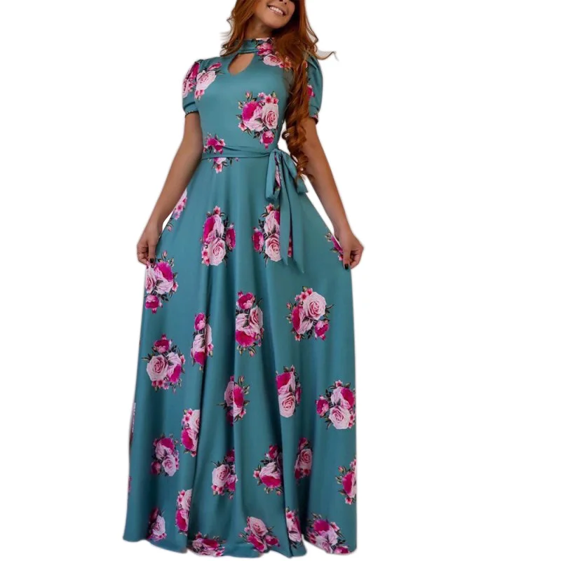 Женское платье макси с коротким рукавом и принтом, летнее пляжное платье с цветочным принтом в стиле бохо, Vestidos, женская одежда, модное вечернее платье