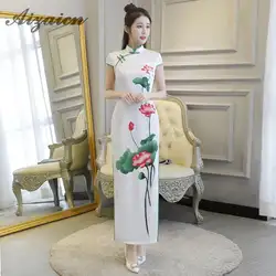 Лето 2018 г. для женщин пикантные цветы элегантный Cheongsam Длинные Восточный стиль платья для лотоса Сельма китайское модное платье Qipao белый