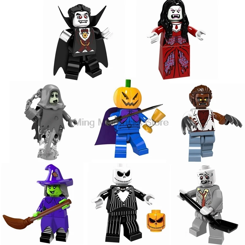 

Halloween Figure Stage Property Skeleton Jack Witch Zombie Ghosts Building Blocks Model Compatible With Legoings Toys Gift