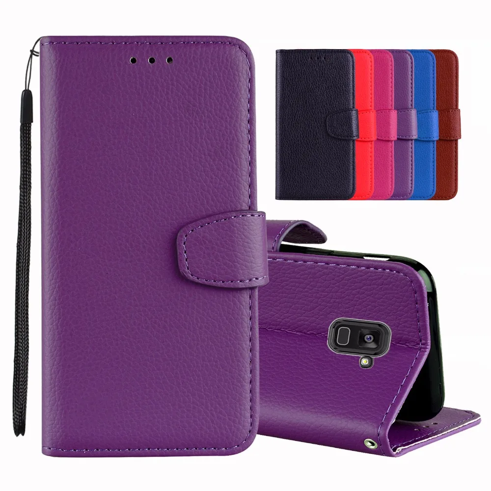Leather Lanyard Case For Samsung A8 Plus 2018 Original Anti-knock Kickstand Wallet Phone Litchi Grain Flip Cover |